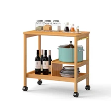 3-Tier Bamboo Coffee Cart Rolling Storage Utility cart Microwave Stand w/Wheels