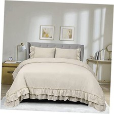 3 Piece Farmhouse Ruffled Duvet Cover Set Vintage Duvet Cover with Queen Camel