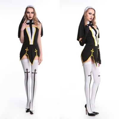 Womens Bad Habit Nun Dress for Halloween Costume 4pcs Set Sexy Nun Cosplay Suit