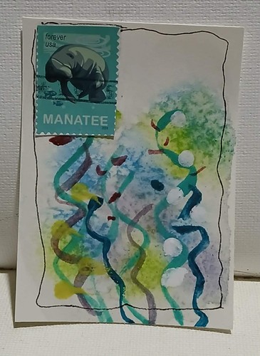OOAK ACEO “Postal Whimsy Mini” – Manatee Forever Stamp Abstra Watercolor