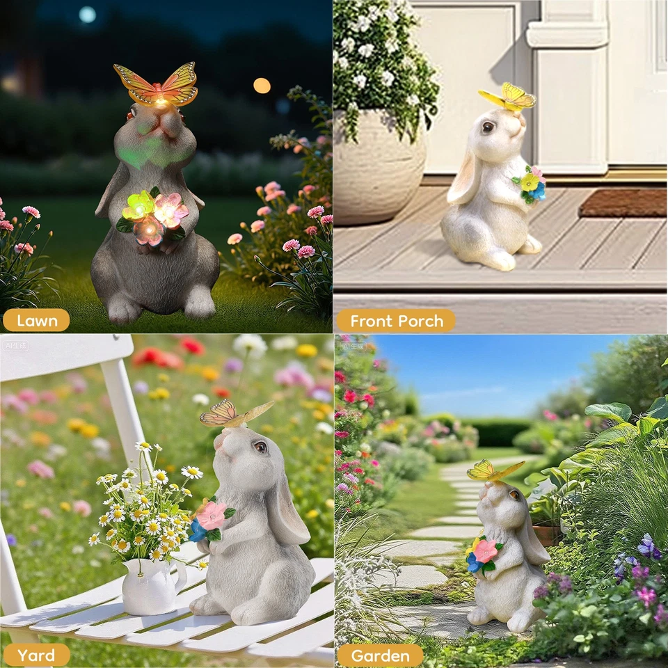 Estatua de conejito con energía solar con LED y mariposa, regalo decoración jardín exterior Foto 3 de 4
