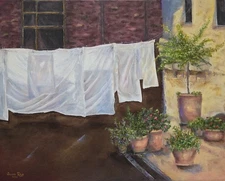 Original oil painting laundry flowers plants trees architecture canvas landscape