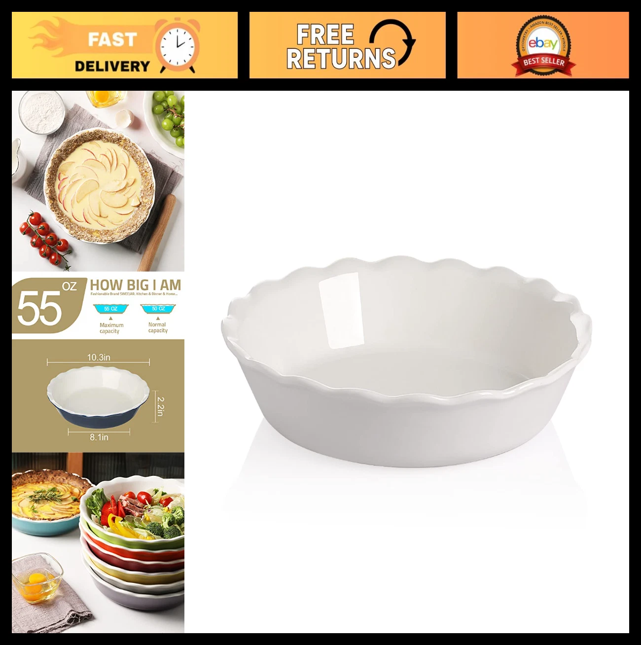 10" Non-Stick Ceramic Pie Pan - Round Baking Dish for Apple, Pumpkin & Pot Pies