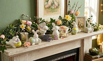 Tumbling Bunny Set of 6 White Ceramic Rabbit Figurines With Easter Eggs