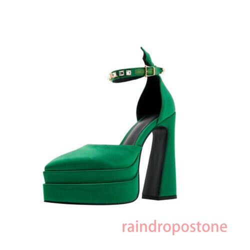 Womens Satin Pointy Toe Ankle Strap Platform Block Heel Sandals Shoes Party - Picture 2 of 20