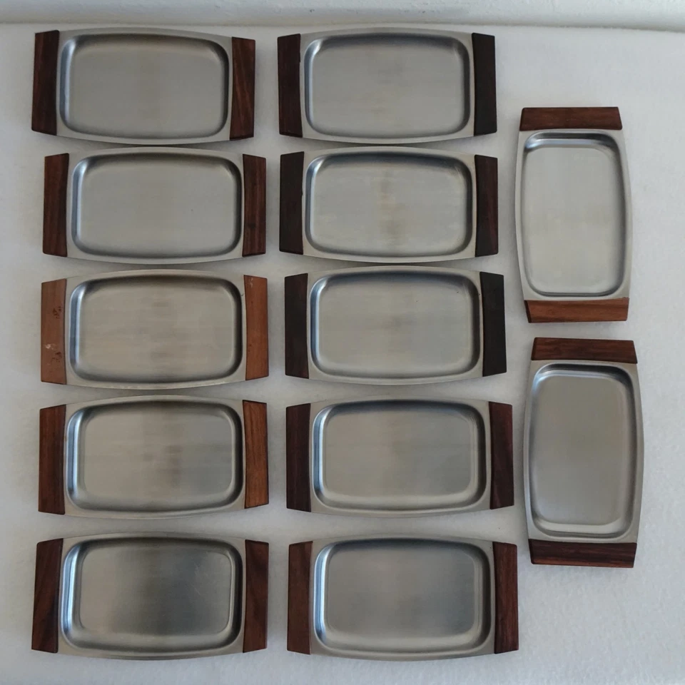 Mini Tray Stainless Steel Wood MCM Danish Style Plates Vintage Set of 12 - Image 2 of 4