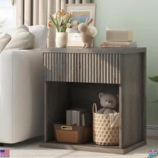 Stylish Fluted Nightstand - 22.8" Wooden Bedside Table with Drawer, Grey Oak