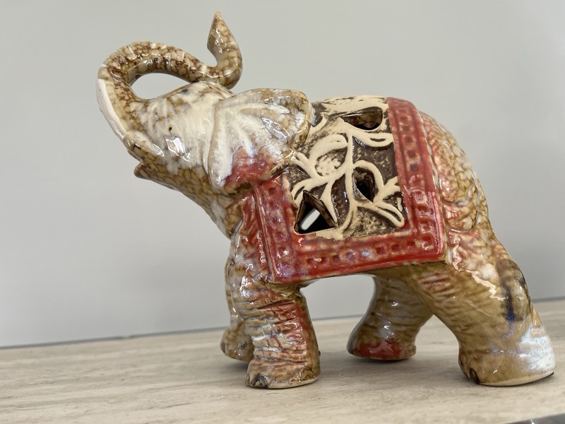 Porcelain Elephant w/Saddle & Trunk Up for Good Luck Hand Painted Glazed Hollow