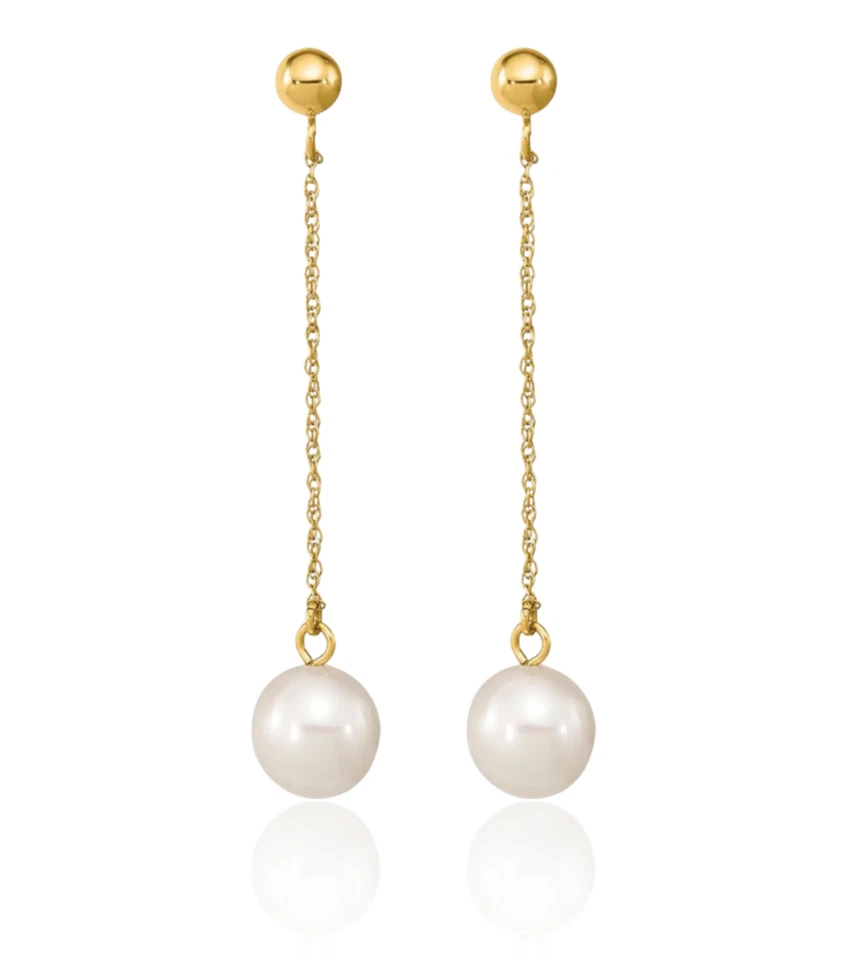 14K Solid Yellow Gold 7mm White Round Freshwater Cultured Pearl Dangle Earrings - Image 3 of 4
