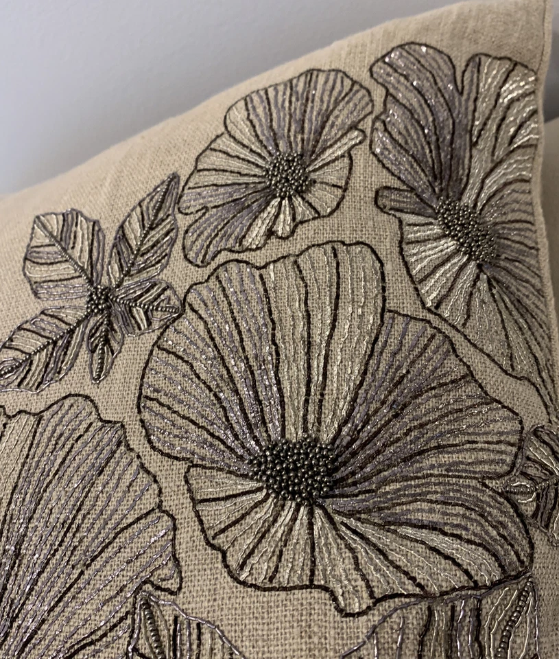 Arhaus Square 18" Pillow Cover w Insert Garden Pewter Big Flower Beaded On Linen - Image 4 of 4