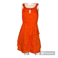Anthropologie Maeve Orange Cotton Tiered Dress Keyhole Button Neck, SZ 6 (116)