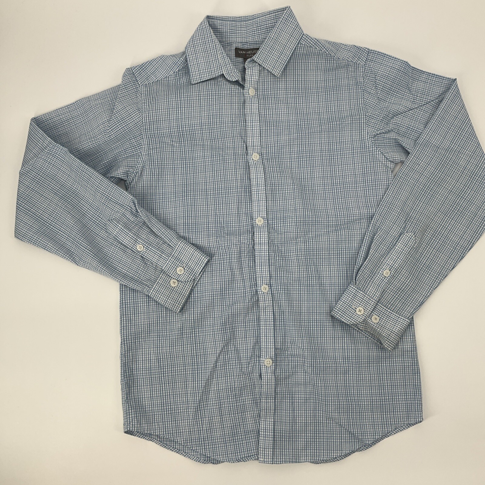 Van Heusen Button Check Shirt Youth Boys Size 10 Medium Blue White Casual image 3