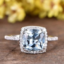 3 CTW Cushion Cut Natural Aquamarine Halo Engagement Ring 14K White Gold Plated