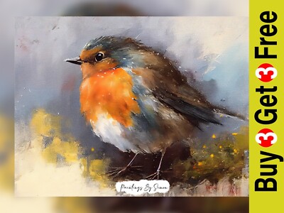 Charmanter 7''''x5'''' Ölgemälde Druck, Robin Redbreast auf moosbedecktem Zweig, Natur