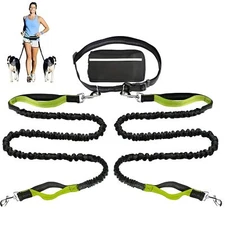 Handsfree Leash for Dogs with Pouch — Dual Bungee Design for Two Pets Retract...