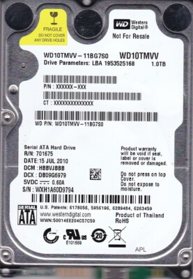 WD10TMVV-11BG7S0 dcm: HBBVJBBB s/n: WXH1A6 JUL/2010 1TB USB 2.0 Western Digital