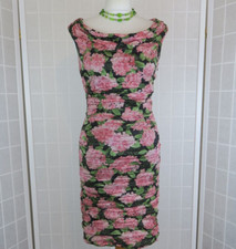 Phase Eight Dress Size 10 Black Pink Floral Print Ruched Bodycon Sleeveless