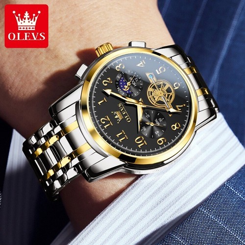 Orologio da Polso OLEVS Uomo Lusso Acciaio Inox Impermeabile Fasi Lunari Timer Quarzo - Foto 3 di 12