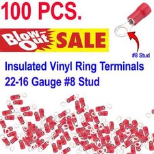 100 PACK 22-16 Gauge 8 Stud Insulated Vinyl Ring Terminals Tin Copper Core