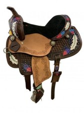 Youth Barrel Style Saddle with Hand Painted Feather Design 13" NEW