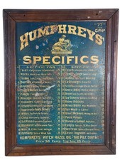 ANTIGUO LETRERO DE TIENDA GENERAL HUMPHREYS ESPECIFICIDADES GABINETE MÉDICO PUERTA EXHIBICIÓN LATA