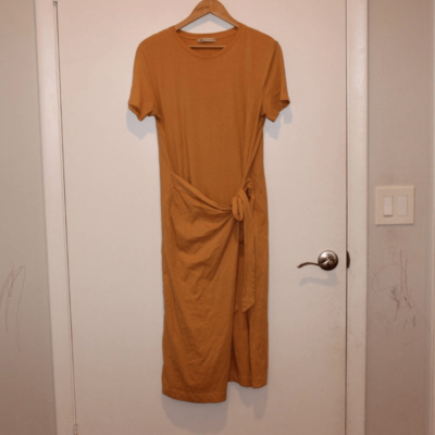 knee length dresses for ladies Zara Mustard Yellow Sateen Button Down Dolman Sleeve Midi Blouson Shir –  Brie main image 1