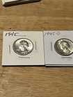 Beautiful 1945- P and 1945 - D Uncirculated Washington Quarters 90% Silver