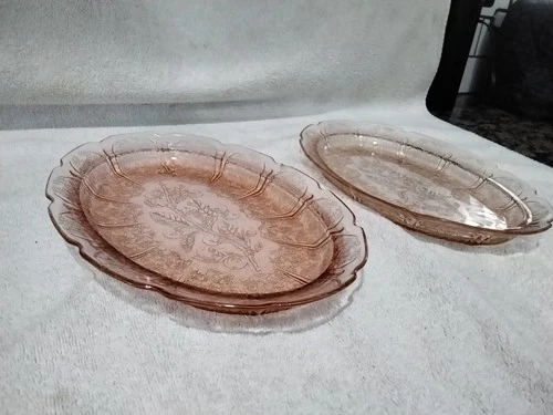 Vintage Pair Jeanette Pink Depression Glass Cherry Blossom Platters