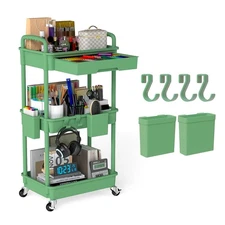 3 Tier Rolling Utility Cart with Drawer, Plastic Storage Organizer Rolling Ca...