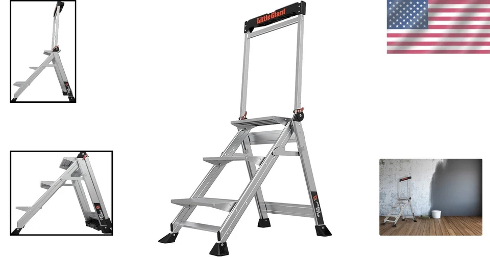 Foldable 3-Step Aluminum Ladder with Handrail & Tool Tray - 375 lb Capacity - Image 2 of 4