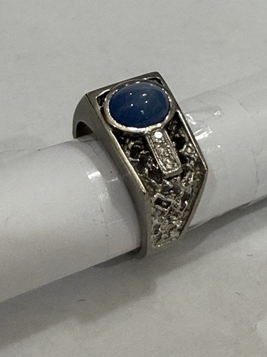 Vintage ELBE 10K White Gold Blue Star Sapphire Diamond Men’s Ring Sz 9.5 8.18g