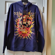 Ed Hardy Men’s Large Skull Fire Navy Blueberry Color Graphic Hoodie Size L NWT