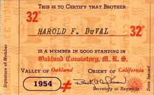 1954 Scottish Rite Freemasonry Membership Card Duplicate 32° Oakland California