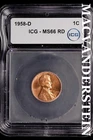 1958-D Lincoln Wheat Cent-ICG MS 66 RD Choice Gem BU No Reserve #SLM101