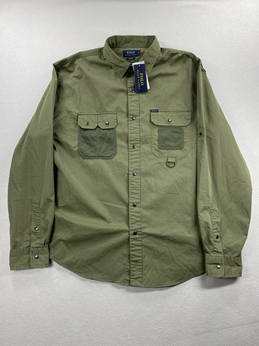 Polo Ralph Lauren Para Hombres Sarga Camisa Utilitaria Para Hombre XL Verde Calce Clásico A Presión NUEVA