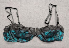 Vintage Victoria's Secret Blue Label Black Teal Lace Balconette Bra Size 34C USA