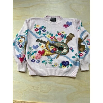 Berek Hand Knit Pink Cotton Sweater Musical Instruments Floral Hearts Size M