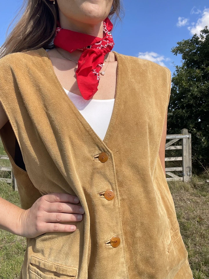 Vintage Size 3XL 16-20 Tan Brown Genuine Suede Leather Waistcoat Camel - Image 2 of 4