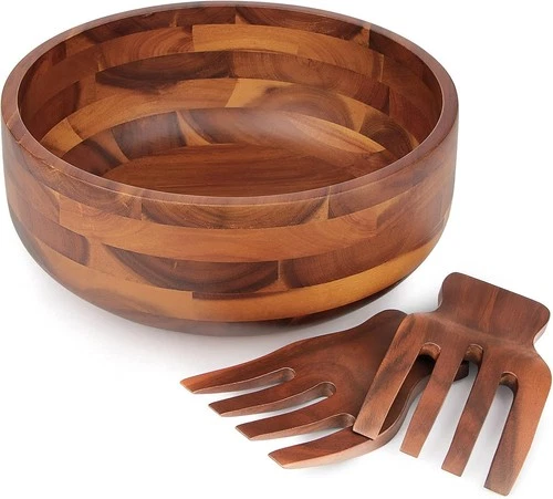 AIDEA Acacia Wood Salad Bowl Set with 2 Wooden Hands, Large 11X4.5, Brown