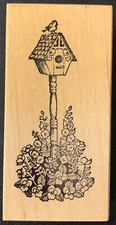 PSX E-116 Hollyhocks And Bird Birdhouse Rubber Stamp