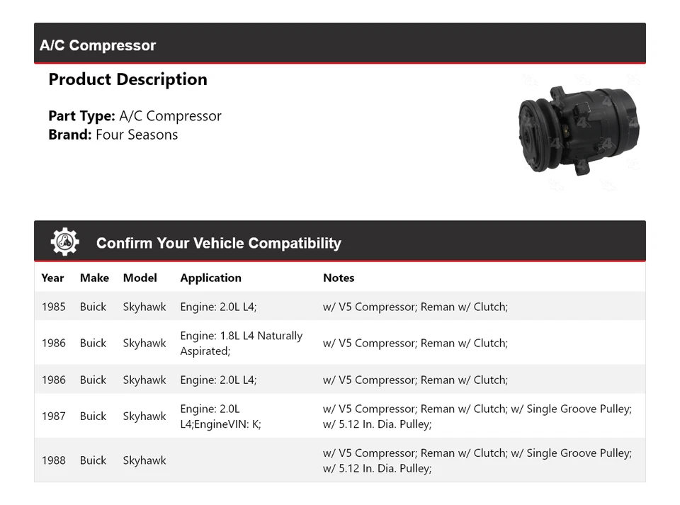 Compresor de aire acondicionado Buick Skyhawk 1985-1988 4 estaciones 1986 1987 Foto 2 de 4
