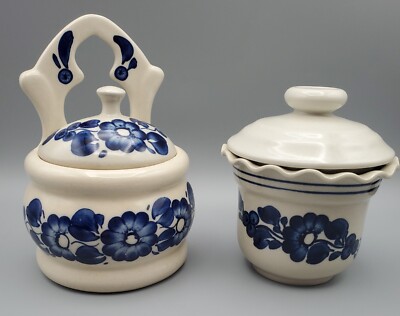 BLUE AND WHITE CERAMIC HAND-PAINTED SALT KEEPER AND SUGAR BOWL 