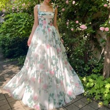 Lowime Print Chiffon Midi Dress Women Spaghetti Straps Tea Length Wedding Party