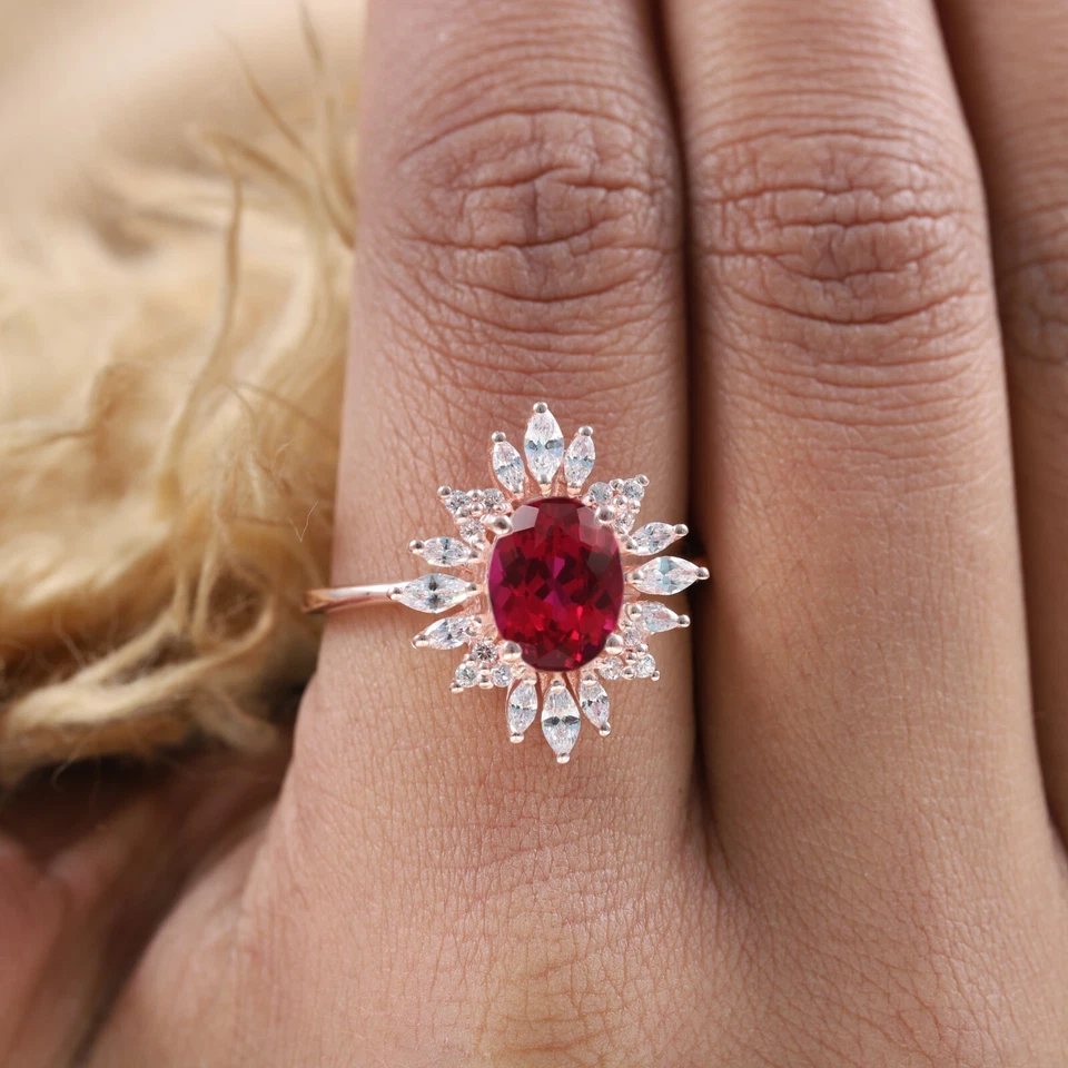 14k Yellow Gold 8x6 MM Oval Shaped Natural Ruby Ring Cubic Zirconia Halo Ring - Image 4 of 4