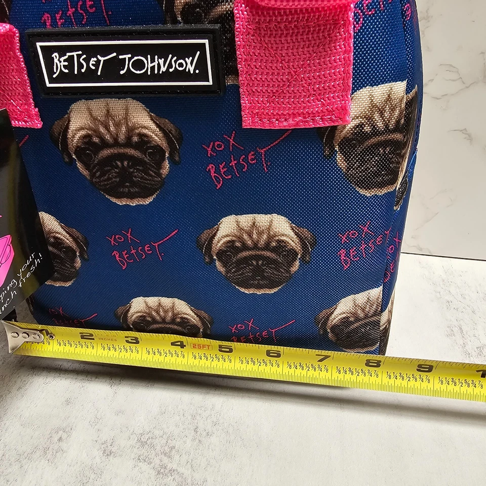 Bolsa de almuerzo Betsey Johnson aislada Pug Dog azul marino con almacenamiento 9,5"x8"x5" Foto 4 de 4