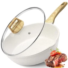 Nonstick Deep Frying Pan Skillet 9.5" Saute Pan with Lid Granite Induction Co...