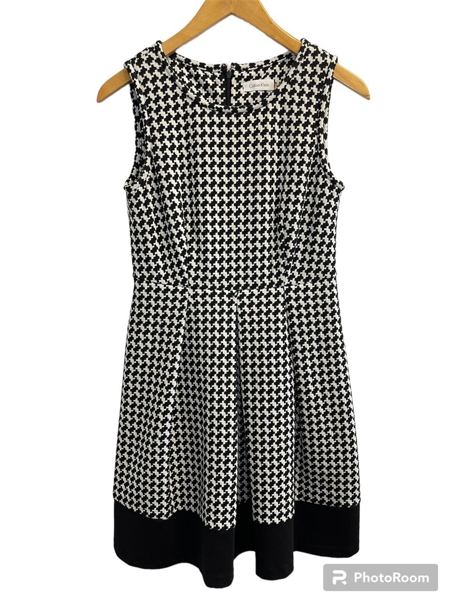 calvin klein pleated a line dress Women’s 4P Houndstooth Fit & Flare Black White Cocktail dress