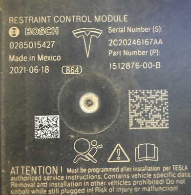 2017 - 2022 Tesla Model 3 Restraint Diagnostic Computer Module