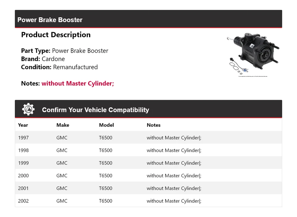 Усилитель тормозов для 1997-2002 GMC T6500 Cardone 1998 1999 2000 2001 - Изображение 2 из 3