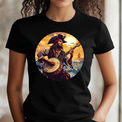 Frauen T-Shirt Pirat spielt Banjo Motiv Baumwolle Größe S bis 3XL